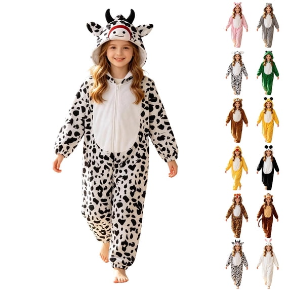 SIYUDAN Kids Animal Onesie Pajamas Long Sleeve Zip up 3D Ears Hooded Romper Bodysuit Boys Christmas Pajamas Cow Onesie for Girls Boys Matching Sleepwear Set 7-8 Years
