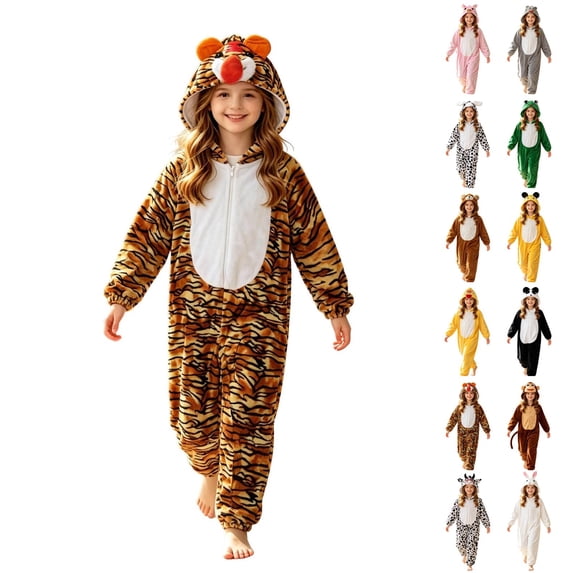 SIYUDAN Kids Animal Onesie Pajamas Long Sleeve Zip up 3D Ears Hooded Romper Boys Christmas Pajamas Tiger Onesie Fall Winter Outfits 7-8 Years