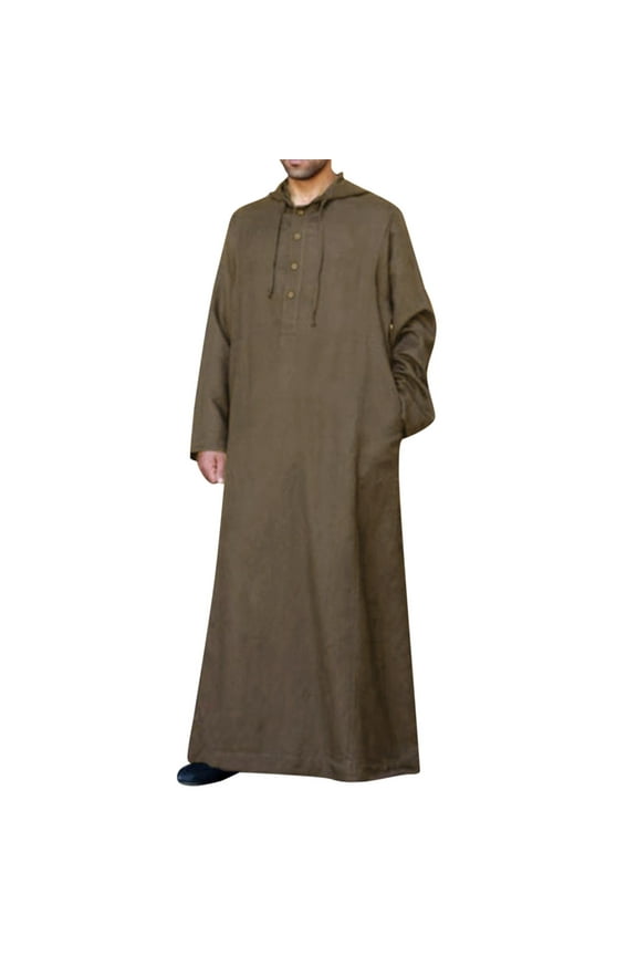 Men Kaftan Thobe Casual Long Sleeve Mens Robe Arabic Button Front Shirt with Pockets Muslim Dress for Men Brown Thobe for Men