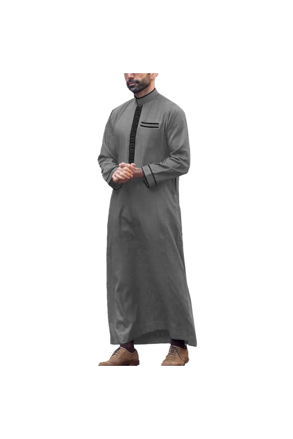 Men Kaftan Thobe Casual Long Sleeve Mens Tunic Embroidered Stand Collar Men Muslim Clothing Grey Thobe for Men
