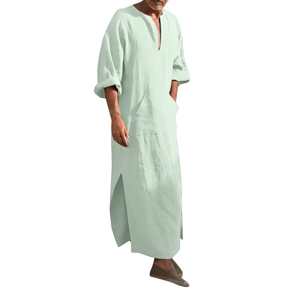 SIYUDAN Mens Kaftan Thobe Casual Long Sleeve Long Gown Thobe Arabic Thobe with Pockets Mens Muslim Clothing Light Green Abaya