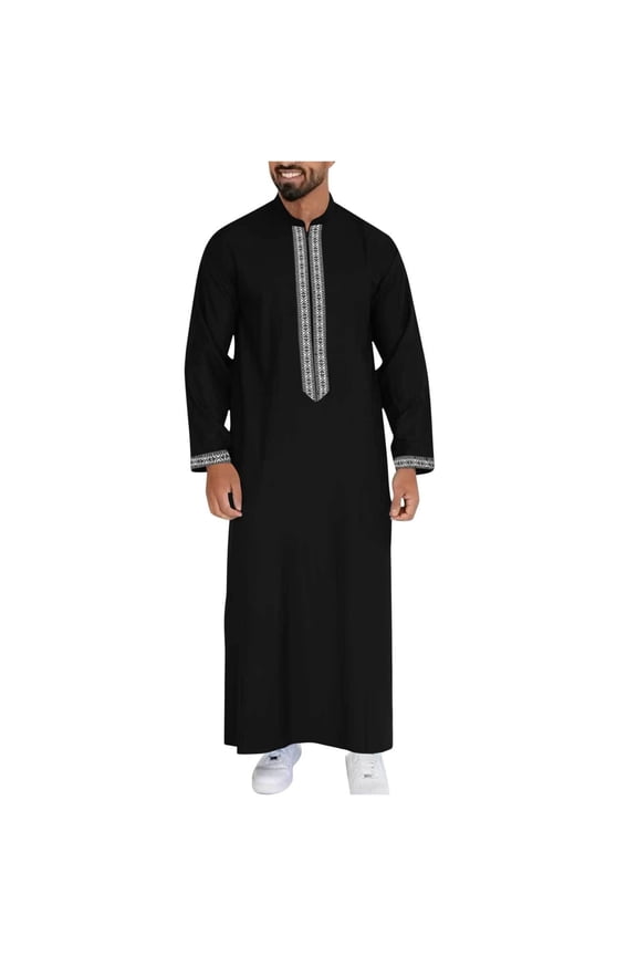 Mens Kaftan Thobe Casual Long Sleeve Long Gown Thobe Stand Collar Muslim Men Clothing Black Abaya