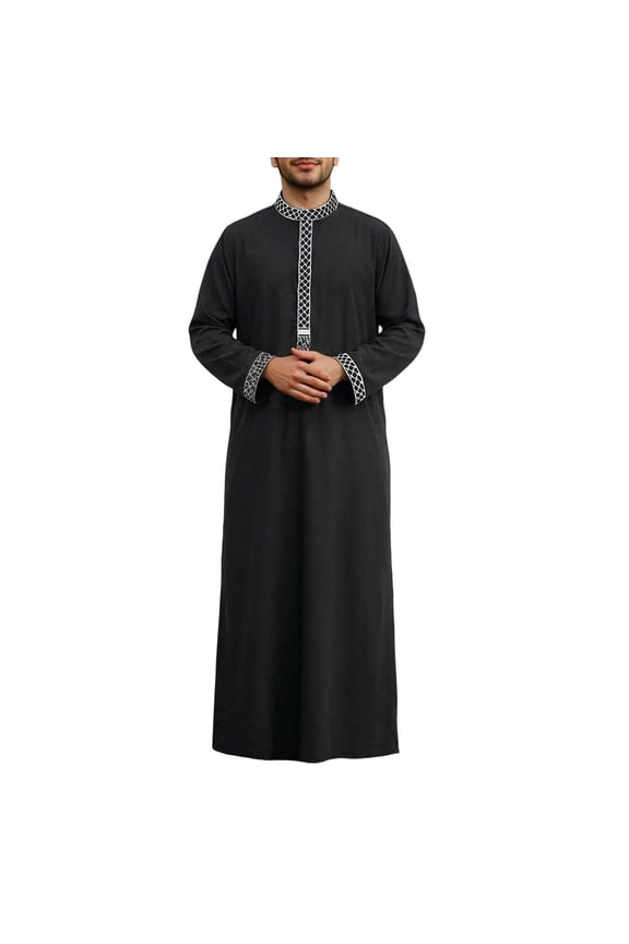 Mens Kaftan Thobe Casual Long Sleeve Men Robe Lightweight Breathable Embroidered Muslim Men Clothing Black Abaya