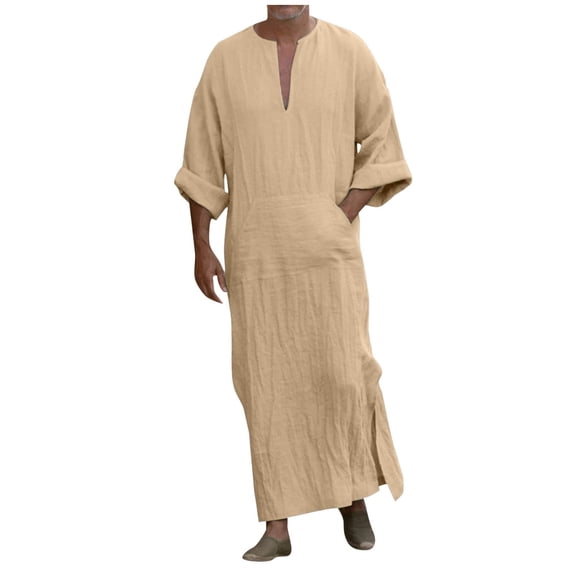 SIYUDAN Mens Kaftan Thobe Casual Long Sleeve Men Robe Lightweight Breathable V Neck Muslim Thobes Khaki Robe