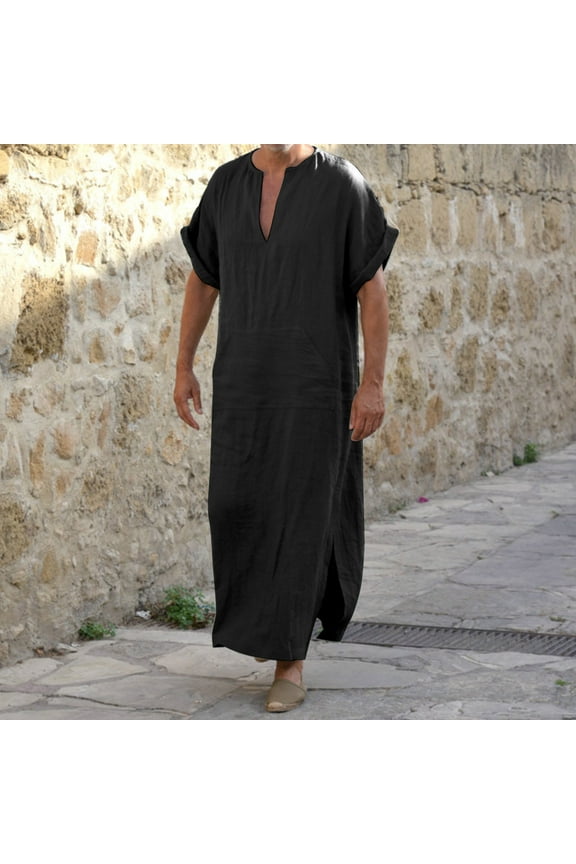 Mens Kaftan Thobe Casual Long Sleeve Mens Robes V Neck Muslim Dress for Men Black Thobe