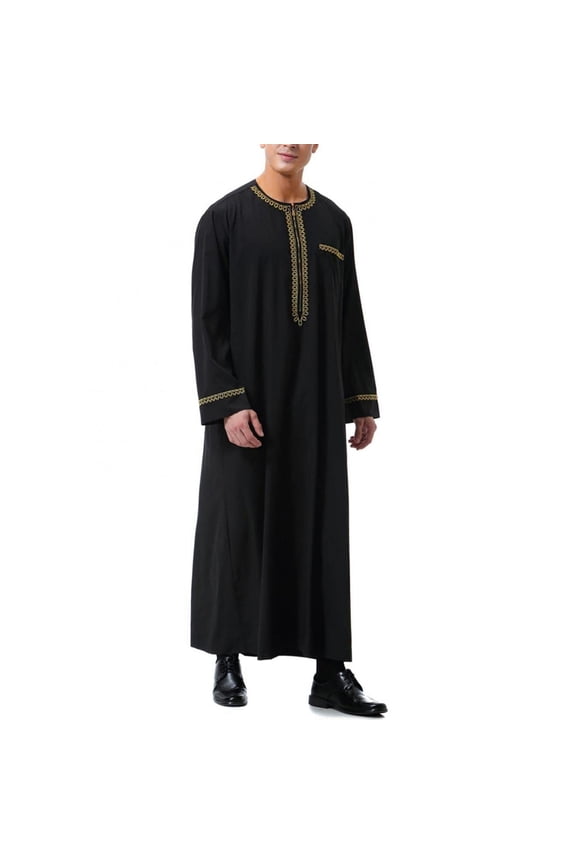 Mens Kaftan Thobe Casual Long Sleeve Mens Summer Robe Embroidered Casual Muslim Gown Black Robe