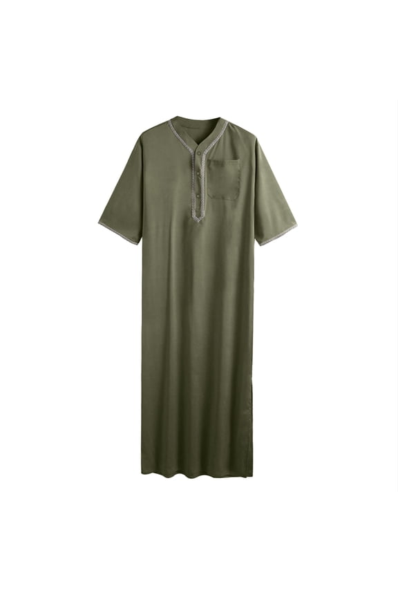 Mens Kaftan Thobe Casual Long Sleeve Mens Summer Robe Embroidered Muslim Dress for Men Green Kaftan