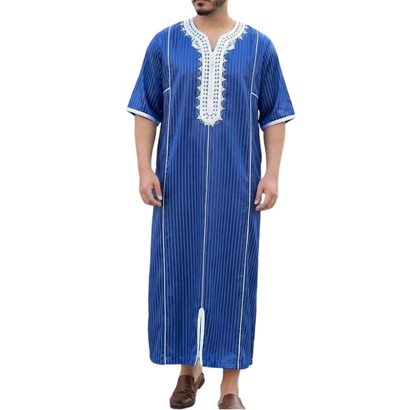 SIYUDAN Mens Kaftan Thobe Casual Long Sleeve Mens Summer Robes Loose Fit Robe with Embroidered Muslim Gown Blue Robe