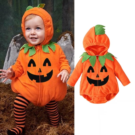 SIYUDAN Newborn Toddler Halloween Pumpkin Outfits Long Sleeve Hoodie Romper Bodysuit Cotton Halloween Outfit Partywear For Toddler Girls 0-6 Months
