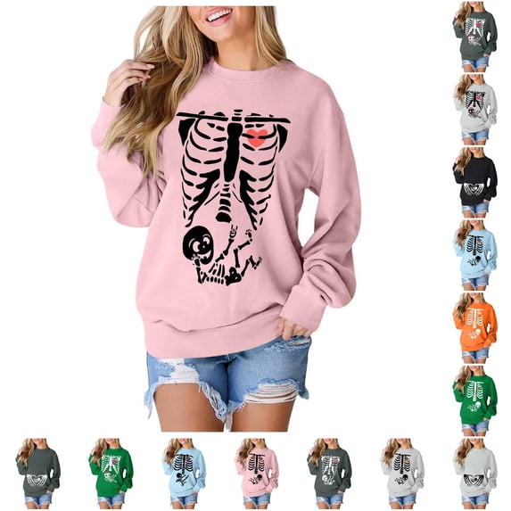 SIYUDAN Sweatshirt for Women Halloween Funny Graphic Skeleton Sweatshirts Long Sleeve Crewneck Pink Sweater for Woman Fall Outfit L