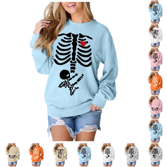 SIYUDAN Sweatshirt for Women Halloween Vintage Graphic Skeleton Sweatshirts Long Sleeve Crewneck Light Blue Sweat Shirt Fall Shirts for Women XL