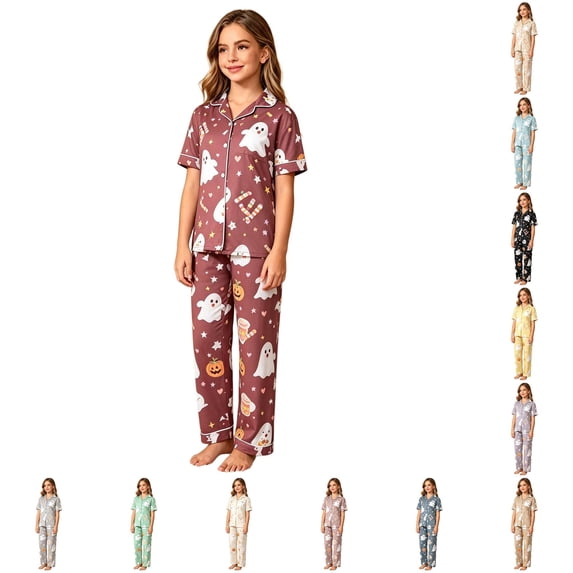 SIYUDAN Halloween Pjs Set Ghost Pumpkin Print 2PC Satin Pajama Set Short Sleeve Button-Down Nightwear with Pants Set 12-13 Years Pajamas Girls