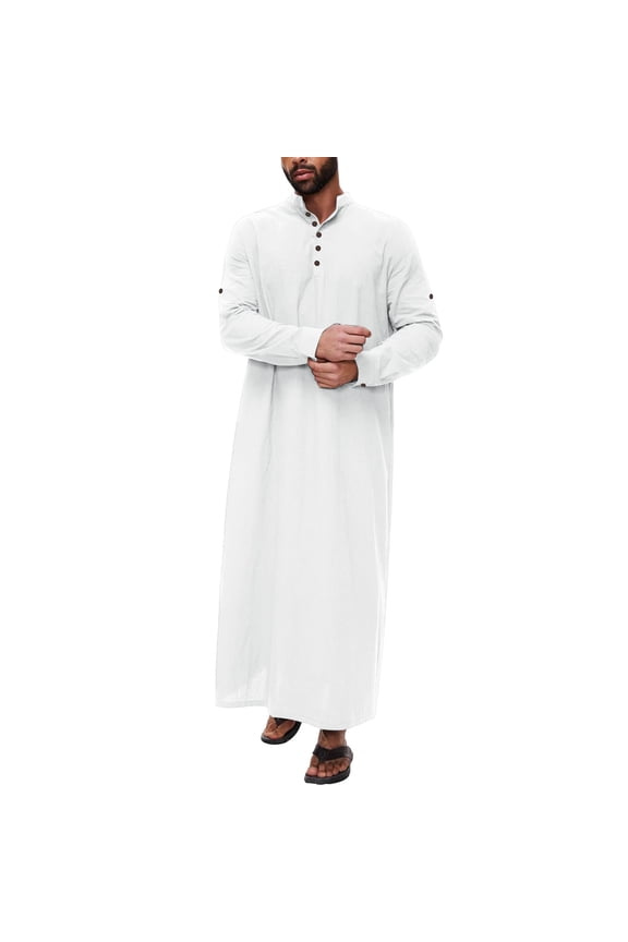 Thobe for Men Kaftan Casual Long Sleeve Mens Summer Robes Arabic Button Front Shirt with Pockets Men Thobe White Thobe for Men