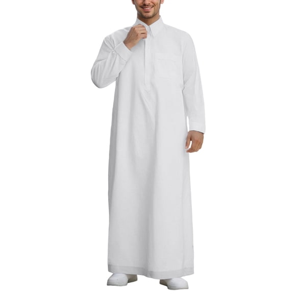 SIYUDAN Thobe for Men Kaftan Casual Long Sleeve Mens Tunic Polo Collar with Pockets Gown Shirt White Kaftan