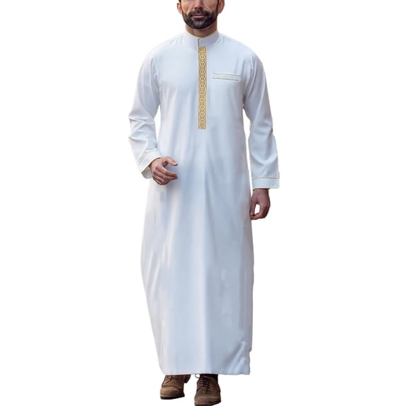 SIYUDAN Thobe for Men Kaftan Casual Long Sleeve Robe for Men Embroidered Stand Collar Muslim Gown White Robe
