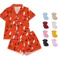 thumbnail image 1 of SIYUDAN Toddler Girls Halloween Pajamas Set Pumpkin Ghost Bat Print Girls Silk Pjs Short Sleeve Button-Down Sleepwear with Shorts Set 3-4 Years Girls Pajamas, 1 of 8
