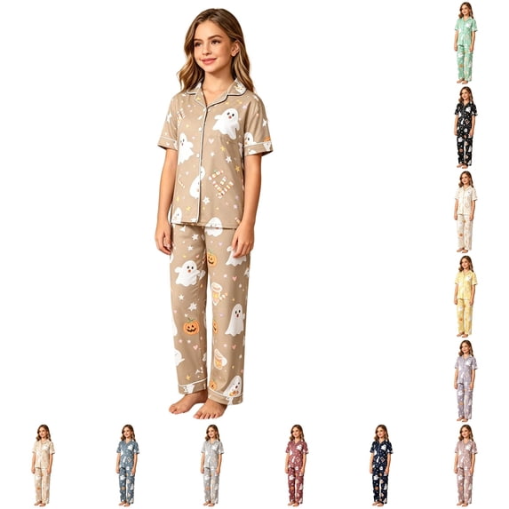 SIYUDAN Toddler Halloween Pjs Set Ghost Pumpkin Print 2PC Girls Pajamas Set Silk Satin Short Sleeve Button Down Shirts with Pants Set 3-4 Years Girls Pajamas
