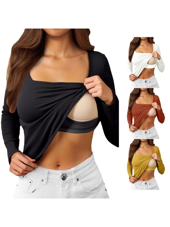 Tops for Women Long Sleeve Women's Casual Basic Square Neck T Shirt With Built In Bra Comfortable Breathable Soft Stretch Tee for Daily Wear Spring Summer Fall, Size M