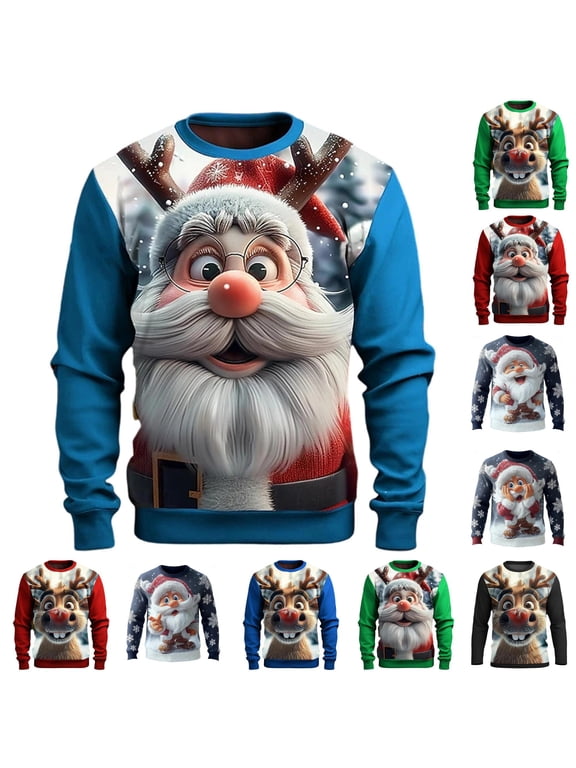 Ugly Christmas Sweater Men Long Sleeve Crew Neck Funny 3D Animal Printed Christmas Pullovers Top For Dad Husband Xmas Pullover Sweaters Unisex