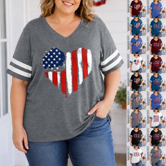SIYUDAN Women 250 Years Anniversary Shirt Plus Size V Neck Short Sleeve Patriotic Graphic Tees Tee Shirts Womens, Size XL