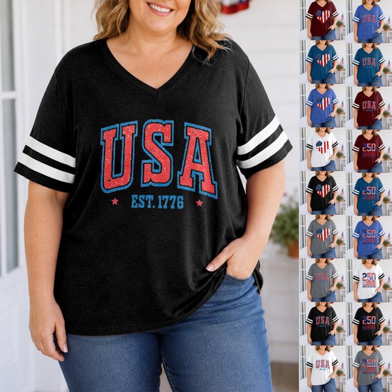 SIYUDAN Women 250th Anniversary Shirt Plus Size V Neck Short Sleeve Independence Graphic Tshirts Shirts for Women Womens T-Shirts, Size XXL