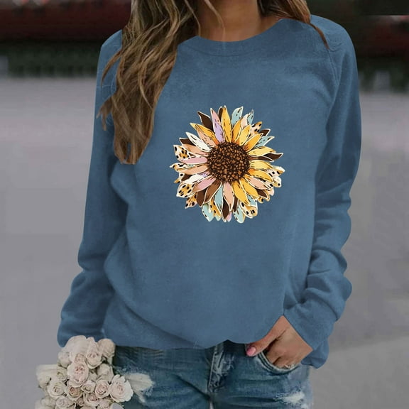 SIYUDAN Women Women’S Sweatshirt Long Sleeve Sweatshirt Pullover Tops for Women Blue Pullover Adult Comfort Colors Crewneck Sweatshirt Fall Clothes Street Style