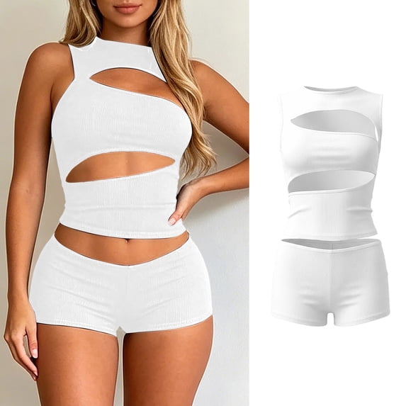 SIYUDAN Women's 2 Piece Outfits Sleeveless Crew Neck Cut out Crop Top Bodycon Shorts Set Y2k Night Out Outfits for Women Matching Sets For Women White Size S