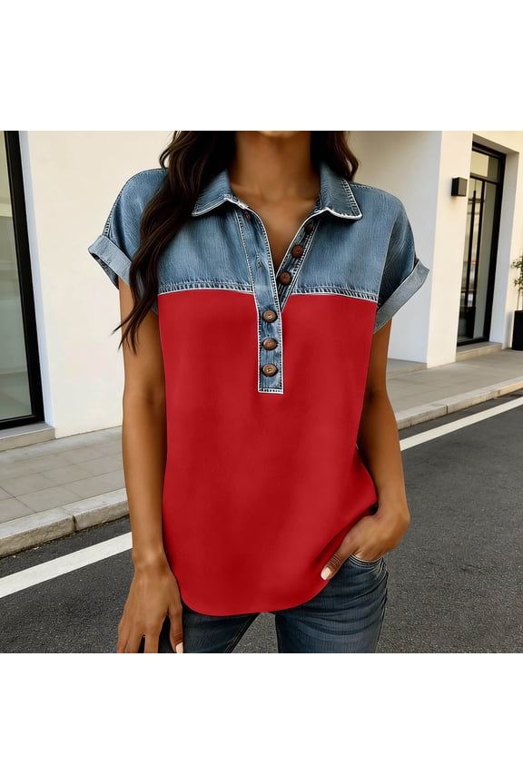 Women's Clothes Women Short Sleeve Western Print Shirt with Collar Contrast Yoke Design Casual Tee for Ladies, Size M