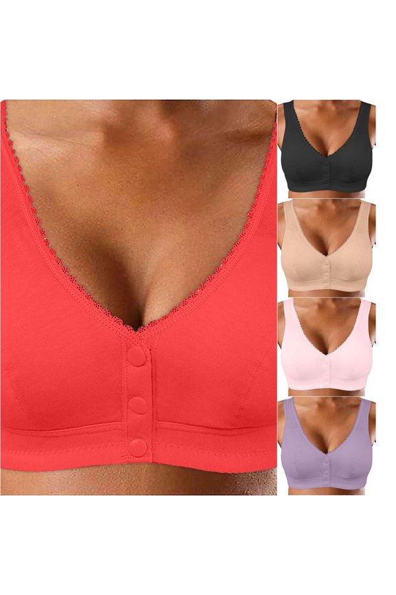 Women's Glossy Lace Edge Front Buckle Middle Aged Elderly Soft Cotton Vest Style No Steel Ring Bra, Size 44