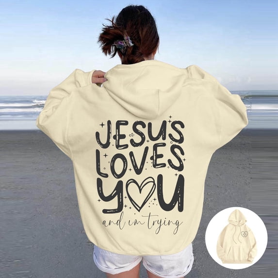 SIYUDAN Women's Hoodies Sweatshirts Jesus Loves You Print Hooded Sweatshirts Graphic Letter Print Sweatshirt Oversized Pullover Sweatshirts Winter Outfits For Women 2025 Street Style