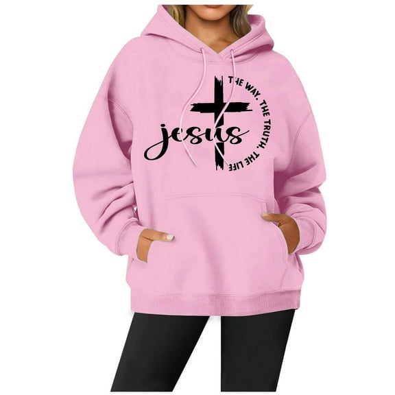 SIYUDAN Women's Sweatshirts Hoodies Jesus Loves You Print Hooded Sweatshirts Letter Print Sweatshirt Oversized Pullover Sweatshirt Women's Fall Jacket Women Clothes