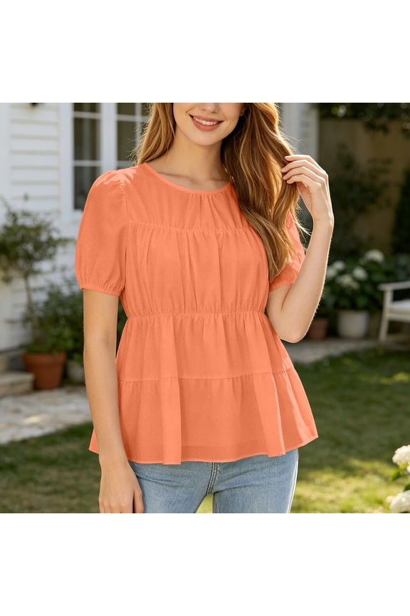 Womens Blouse Top Seasonal Puff Sleeve Top for Women Lightweight Relaxed Fit Short Blouse Featuring Pleated Detail Typography Print, Size M