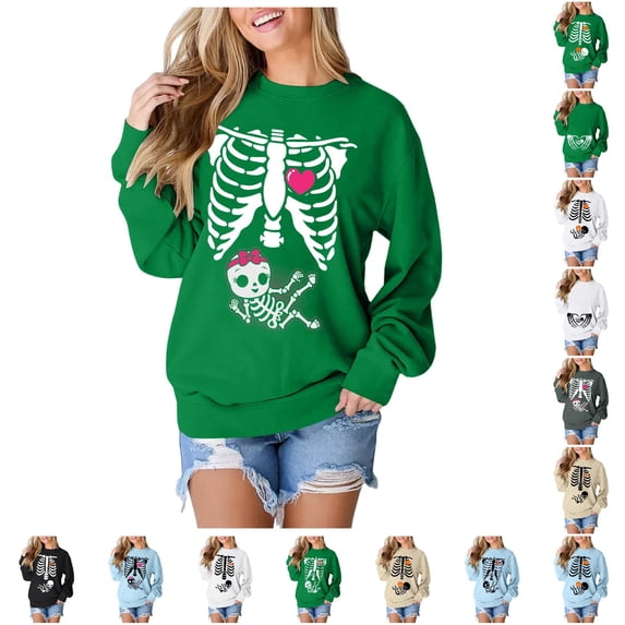 SIYUDAN Womens Halloween Sweatshirt Funny Graphic Skeleton Sweatshirt Long Sleeve Crewneck Pullover Green Sweat Shirt Fall Clothes for Women L