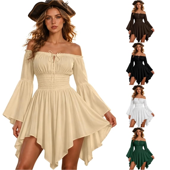 SIYUDAN Womens Halloween Witch Dress Renaissance Off Shoulder Corset Ruffle Hem Pirate Style Outfit Size M