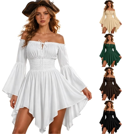 SIYUDAN Womens Halloween Witch Dress Renaissance Off Shoulder Corset Ruffle Hem Pirate Style Outfit Size S