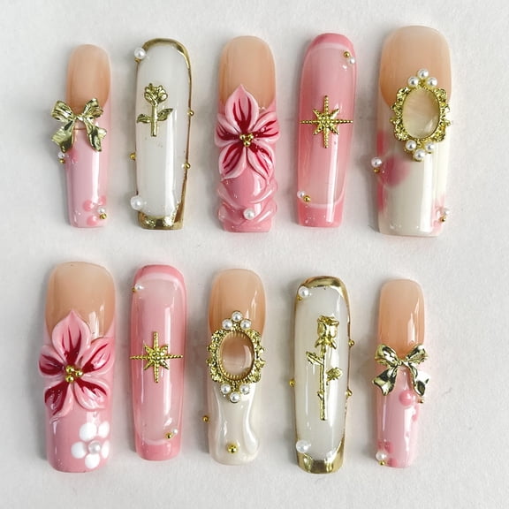 (SIZE M) Duchess Rose, Custom Press On Nails, Almond Stiletto Square Nails, 3D Luxury Nail Art, Elegant Acrylic Nails, Spring Wedding Gift, Handmade Nail Set
