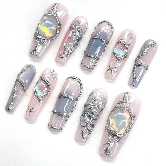 (SIZE M) Opal Cage,Custom Press On Nails, Almond Stiletto Square Nails, 3D Luxury Nail Art, Elegant Acrylic Nails, Spring Wedding Gift, Handmade Nail Set