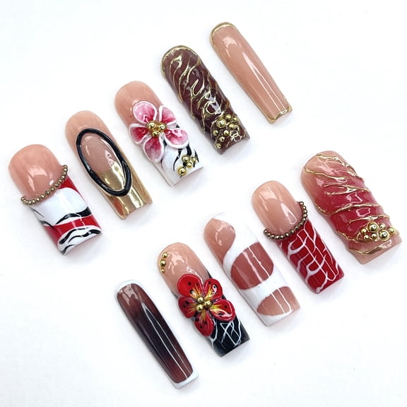 (SIZE S) Golden Rouge, Custom Press On Nails, Almond Stiletto Square Nails, 3D Luxury Nail Art, Elegant Acrylic Nails, Spring Wedding Gift, Handmade Nail Set