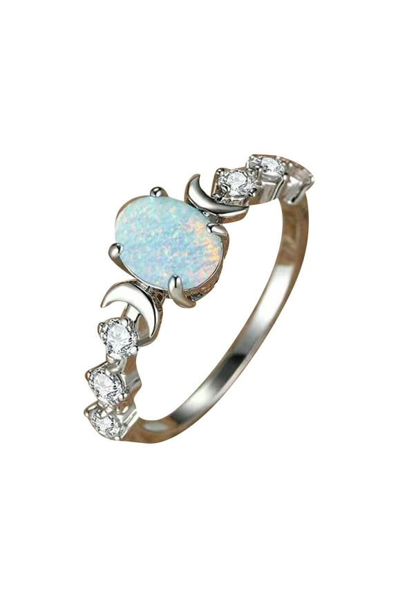 Couples Rings Set Silver Oval White Opal Moon Ring Retro Light Ring Simple Style Zirconia Ring Womens Rings Sterling Silver with Stone Cute Rings Non Tarnish