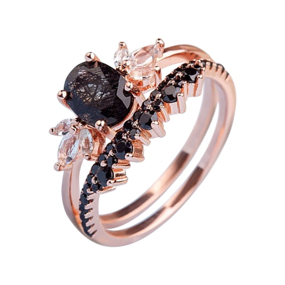 SIfdSeng Rings for Women Sterling Silver Band Black Rutilated Quartz Engagement Ring Set Oval Shaped Rose Gold Ring Black Zirconia Curved Wedding Anniversary Ring Blue Zircon Ring Aquamarine Ring