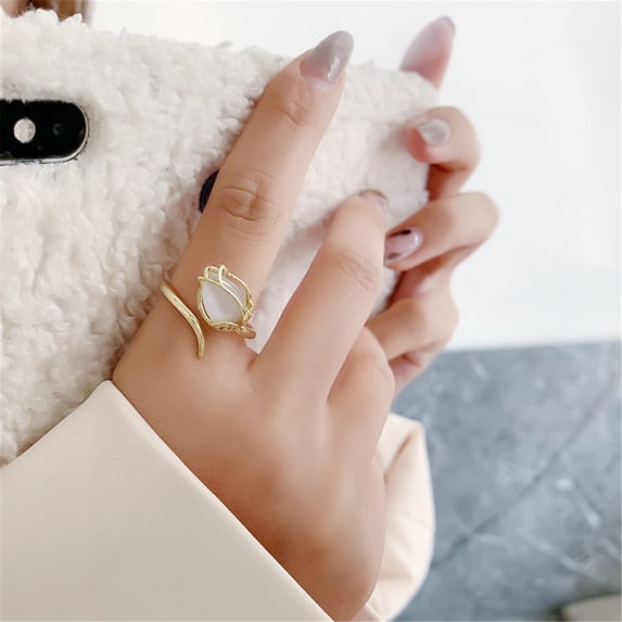 SIfdSeng Stainless Steel Rings Set The New Opal T-Ulip Flowers Open Ring Personality Fashion N-Iche Design Rose Gold Rings for Women Cushion Promise Rings for Couples