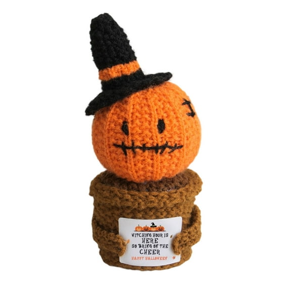 SIguan,Halloween Positive Pumpkin Ghost Handmade Crochet,Halloween Decor Indoor,Mini Knitted Crochets Doll,Desk Decoration Funny Gifts Orange 2.7*5.5''