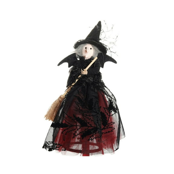 SIguan,Halloween Witch Tree Topper Decoration,Witch with Spider Web Skirt, Black Pointed Hat and Flying Broom Conical Base for Halloween Desktop,Treetop,Fireplace,Home Decorations Red 6.29*10.23''