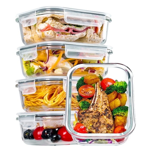 Sindcom 5Pack 22oz Glass Storage Containers with Lids, Glass Meal Prep Food Container Sets with Snap Airtight Lids for Microwave, Oven, Freezer and Dishwasher