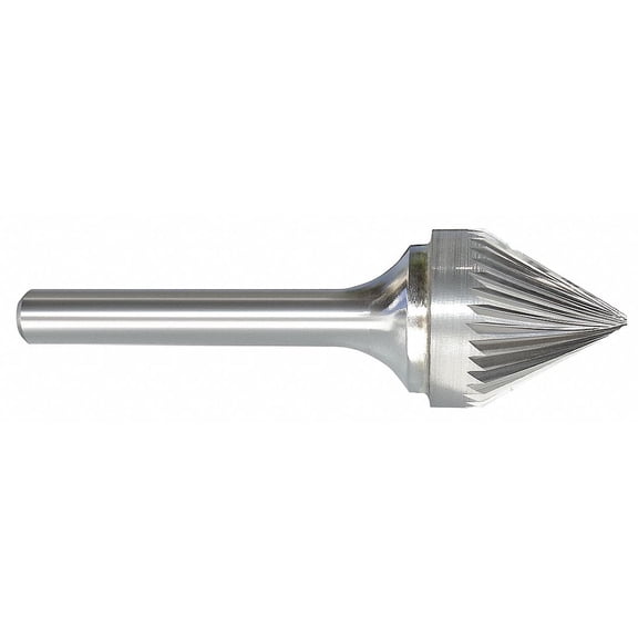 SJ-6 Cone Shape 60 Included Angle, 5/8" Diameter Carbide Burr, Single Cut. 1/4" Shank, 9/16" Length Of Cut, 2.312" Overall Length.