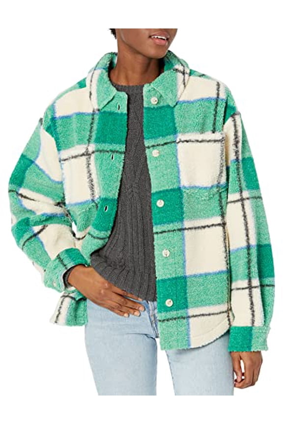 SJB10043 Bandier Sincerely Jules X Aspen Sherpa Jacket Medium Green Plaid