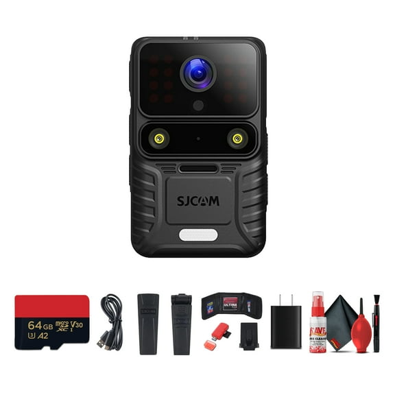 SJCAM A50 Body Camera with Night Vision and Audio Recording, Waterproof HD Wearable Cam Bundle Including: 64GB Micro SD Card, Card Reader, USB-C Adapter, and Card Wallet