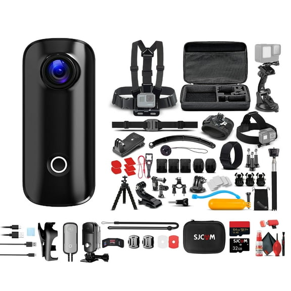 SJCAM C100 Plus Action Camera in Black with 4K Video, EIS Stabilization, and Audio Recording, Bundle Including: 64GB Micro SD Card, 50-in-1 Action Kit, Card Reader, Card Wallet, and Micro USB Cable