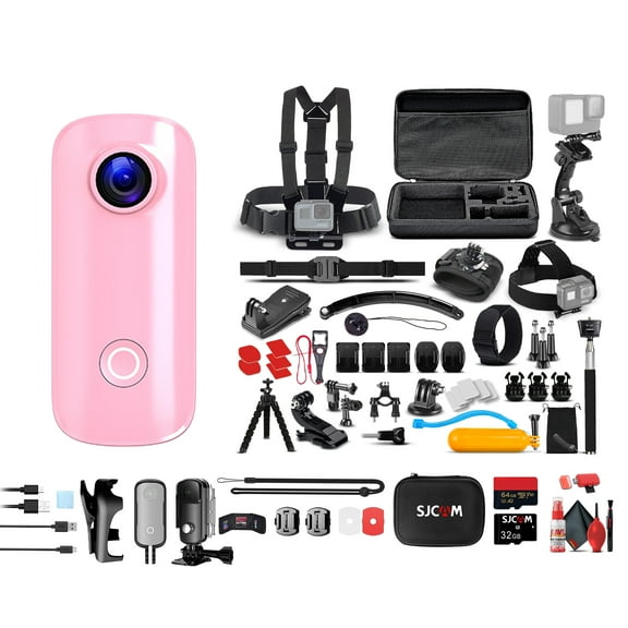 SJCAM C100 Plus Action Camera in Pink with 4K Video, EIS Stabilization, and Audio Recording, Bundle Including: 64GB Micro SD Card, 50-in-1 Action Kit, Card Reader, Card Wallet, and Micro USB Cable