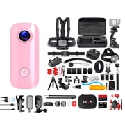 SJCAM C100 Plus Action Camera in Pink with 4K Video, EIS Stabilization, and Audio Recording, Bundle Including 64GB Micro SD Card, 50-in-1 Action Kit, Card Reader, Card Wallet, and Micro USB Cable